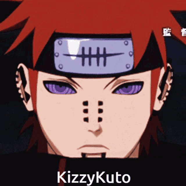 a close up of a person 's face with purple eyes and the name kizzykuto on the bottom