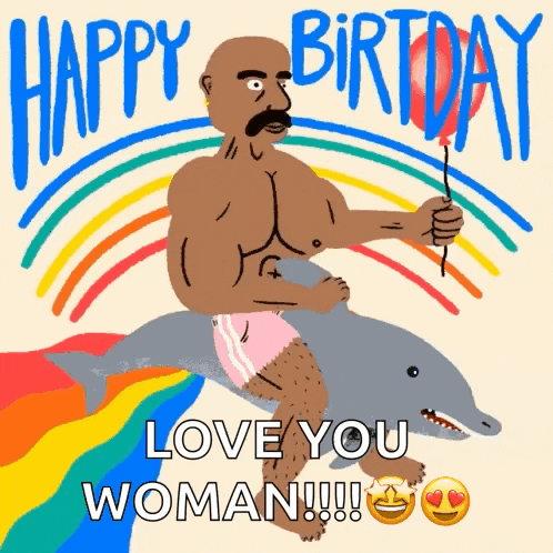 a cartoon of a man riding a dolphin with the words happy birthday love you woman below him