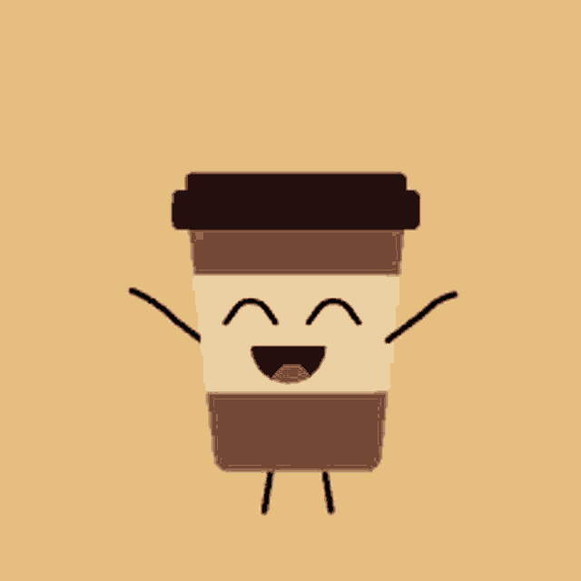 a coffee cup with arms and legs and the words good morning on the bottom