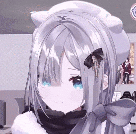 a girl with gray hair and blue eyes is wearing a white beret and a scarf .