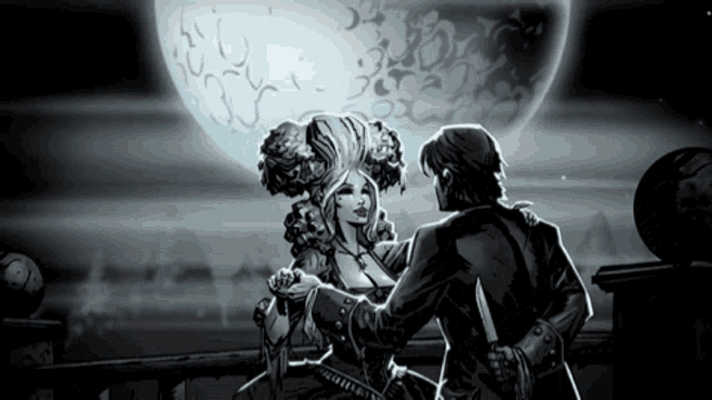 a black and white drawing of a man and a woman