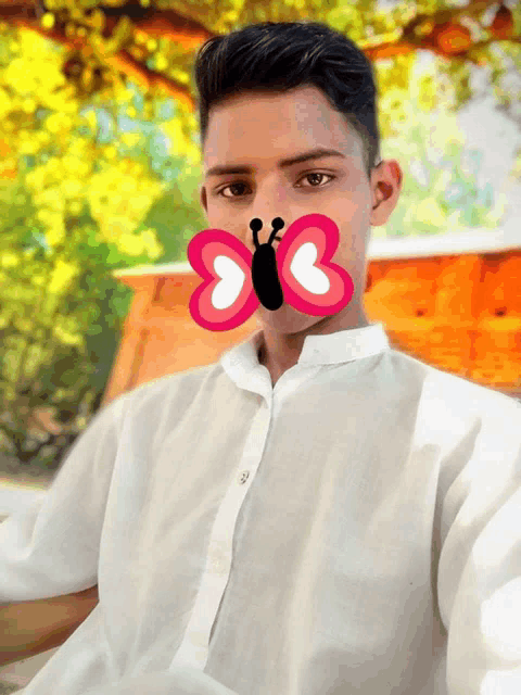 a young man has a butterfly on his face