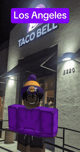 a roblox character standing in front of a taco bell