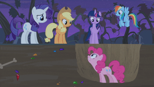 a group of ponies are standing around a hole with pinkie pie laying in it