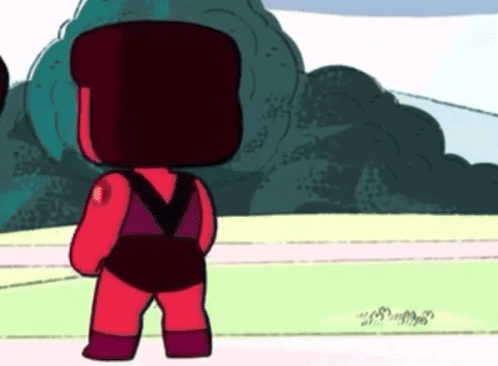 a cartoon character is standing in a field wearing a red and purple outfit .