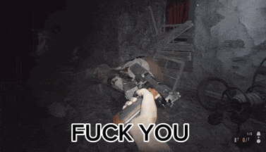 a person is holding a gun in a dark room and the words fuck you are visible