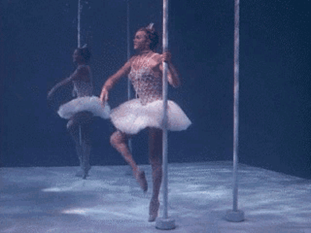 a woman in a tutu is standing on a pole in the water