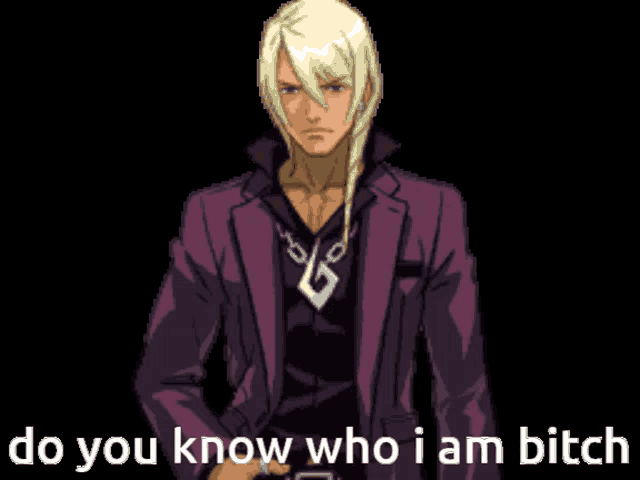 a pixel art of a man in a purple suit with the words do you know who i am bitch below him