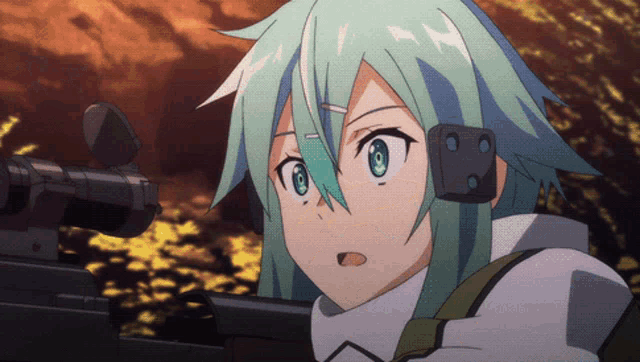 a girl with green hair and blue eyes is holding a rifle