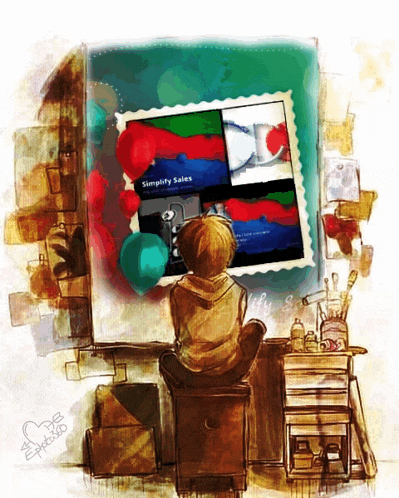 a drawing of a child sitting at a desk with a stamp that says simplify sales