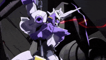 a purple and white robot with a red light coming out of its eyes