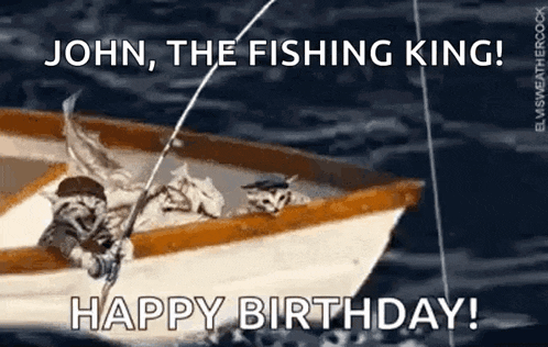 two cats in a boat with a fishing rod that says " john the fishing king "
