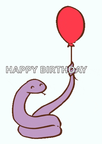 a snake is holding a red balloon with the words happy birthday written below it