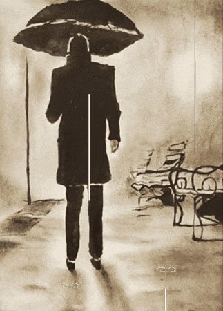 a painting of a man walking with an umbrella in the rain