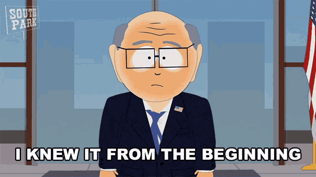 a cartoon of a man in a suit and tie with the words " i knew it from the beginning "