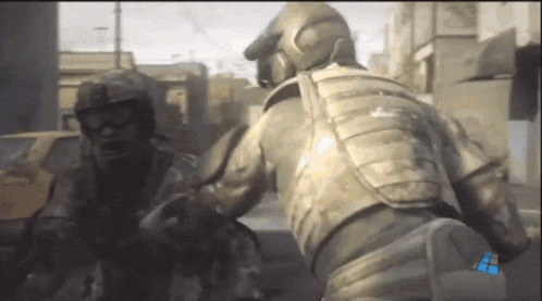 two soldiers are fighting in a video game with a blue triangle on the bottom right