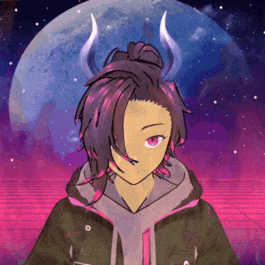 a drawing of a boy with horns and a hoodie