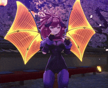 a cartoon character with horns and wings is standing in front of a cherry blossom tree
