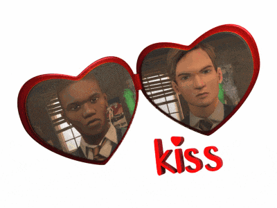 a picture of two men in hearts with the word kiss below them