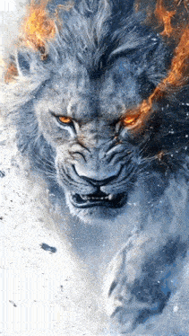 a painting of a lion with flames coming out of its fur