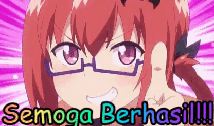a girl with glasses is giving a thumbs up and the words semoga berhasil are written below her