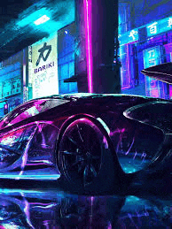 a car is parked on the side of the road in front of a building in a city at night .