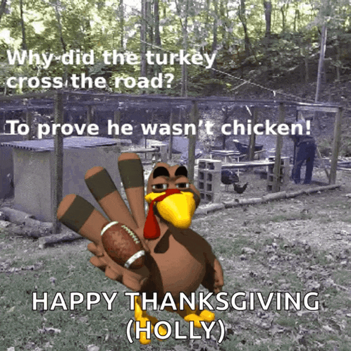 a cartoon turkey holding a football with the words happy thanksgiving holly below it