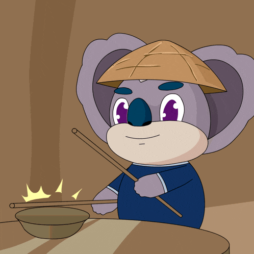 a cartoon koala wearing a hat is holding chopsticks and a bowl