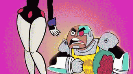 a cartoon character is standing next to a woman in a bathing suit on a pink background .