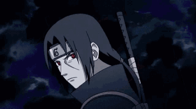 itachi uchiha from naruto is holding a sword and wearing a headband with the number 6 on it .