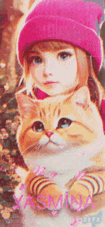 a little girl in a pink hat is holding a cat on her shoulders .