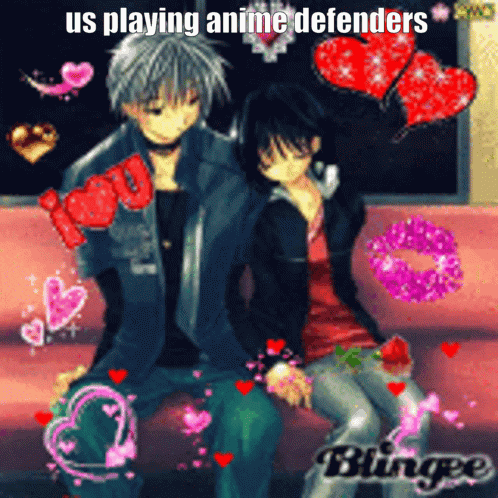 a couple of anime characters sitting next to each other with the words " us playing anime defenders "