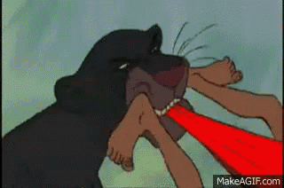a cartoon of a dog biting a person 's foot with a red laser coming out of its mouth .