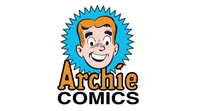 a logo for archie comics shows a smiling cartoon character