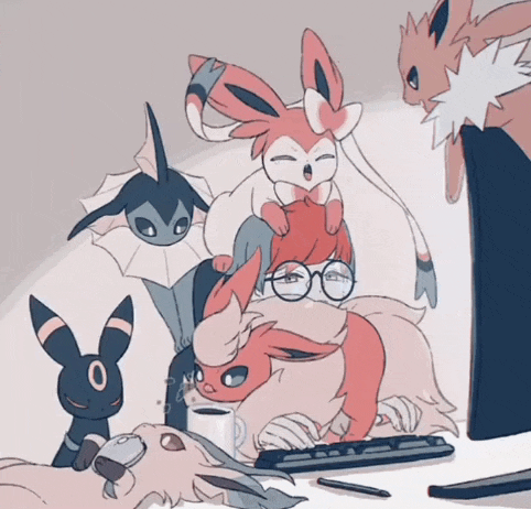 a group of pokemon are gathered around a person using a keyboard
