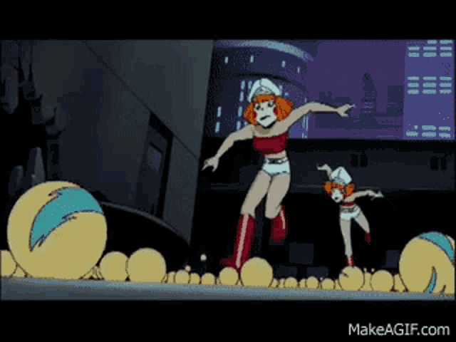 a cartoon of a woman in a red top and white shorts is on make a gif