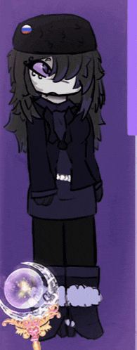 a drawing of a girl wearing a black hat with a russian flag patch