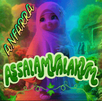 a cartoon girl wearing a hijab and a green sign that says assalamualaikum