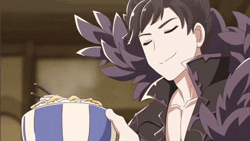 a cartoon character holding a bowl of food with chopsticks