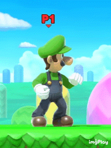 a cartoon character with a green hat and overalls is standing on a green platform with a red p1 sign above him