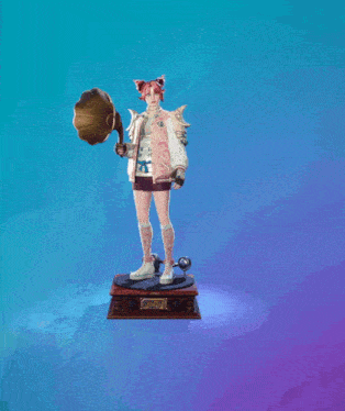 a girl is standing on a record player holding a phonograph with music notes coming out of it