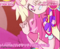 a cartoon of a girl in a pink dress with the words hey ! x4 on the bottom