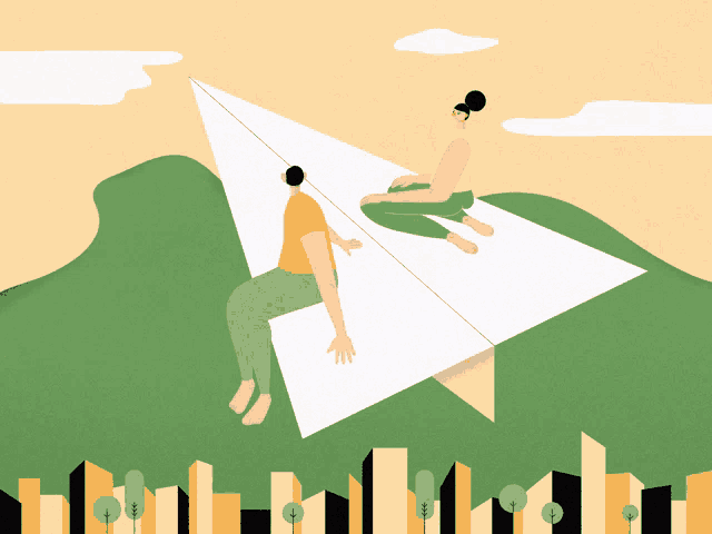 a man and a woman are sitting on a paper airplane over a city
