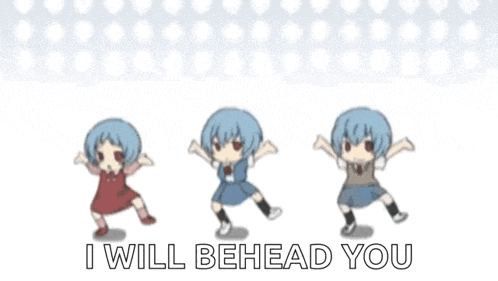 a cartoon of three little girls dancing with the words `` i will behead you '' written below them .