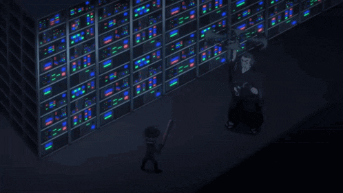 a dark room with a lot of computer monitors and a person with a bat