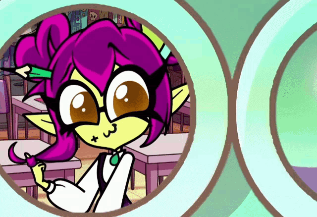 a cartoon drawing of a girl with purple hair and a green pencil in her hair