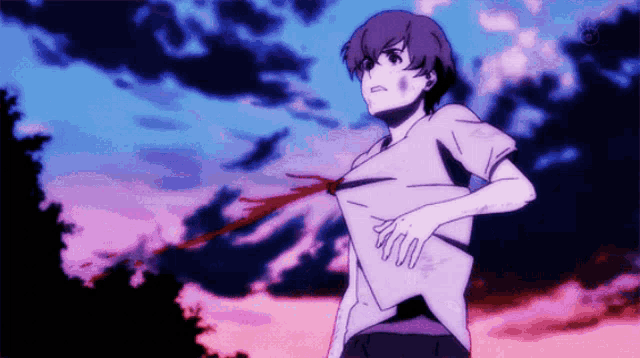 a man with blood on his shirt is standing in front of a cloudy sky .