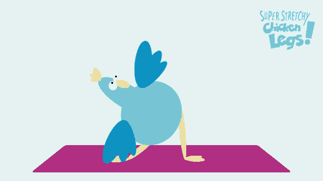 a blue bird is doing yoga on a pink mat with the words super stretchy chicken legs