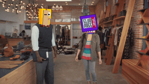 a man and a woman walking in a store with a sign that says glur pass on it