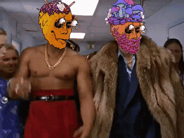 a man in a fur coat stands next to a shirtless man with a cartoon face on his chest